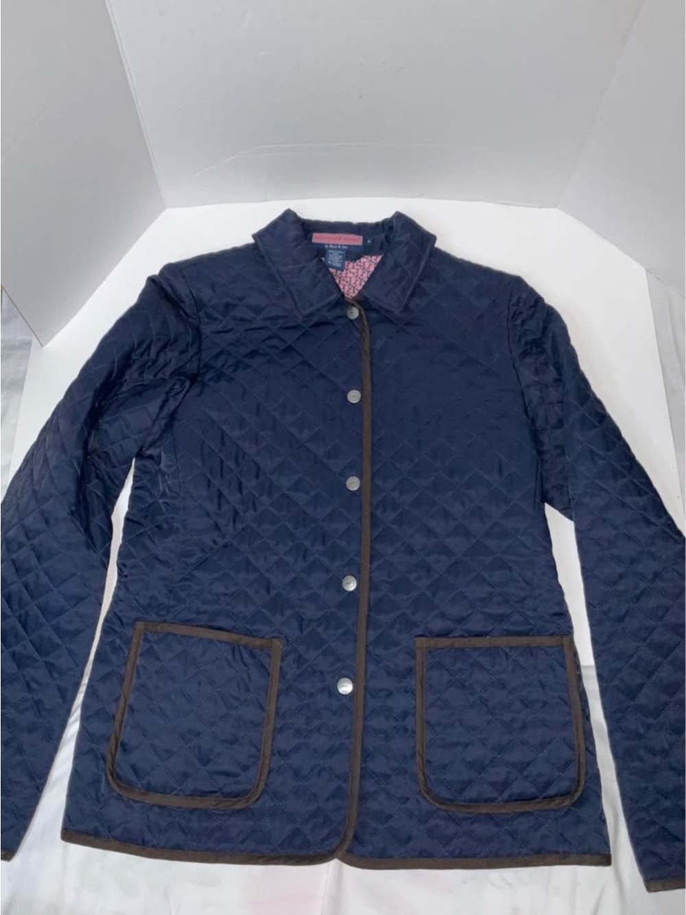 Vineyard Vines Navy Quilted Puffer Jacket with Brown Trim cotton